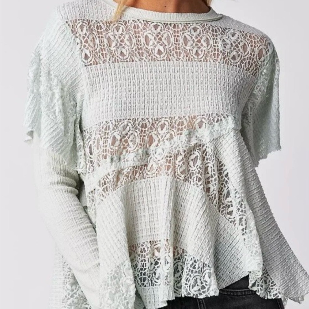 NWOT!  Free People Snowfall Lace Patchwork Ruffle‎ Tunic Top Ice Castle ~ Large